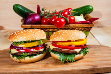 homemade hamburger with fresh vegetables, close up