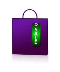 violet shopping bag and discount card isolated over white
