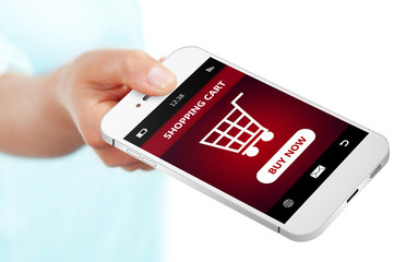 hand holding mobile phone with  shopping cart isolated over whit