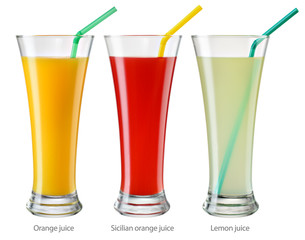 Glasses of citrus juices isolated on white. With clipping path
