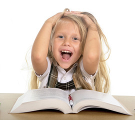 sweet little schoolgirl pulling laughing in happy stress