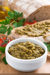 pesto sauce and ciabatta, vertical