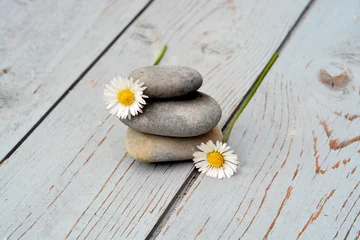  Zen stenen  met bloemen op oud hout. © trinetuzun