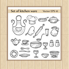 Vector set with images of cartoon kitchen ware