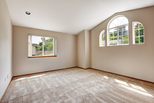 Empty master bedroom with window and high vaulted ceiling
