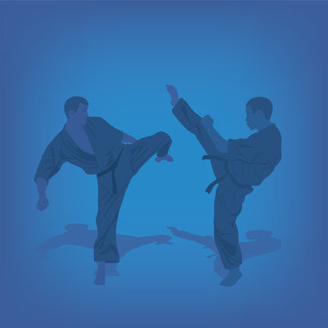 Two men are engaged in karate on a blue background.