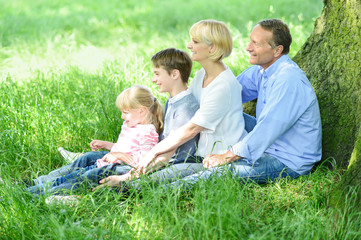 Naklejka na ściany i meble Happy family relaxing in park