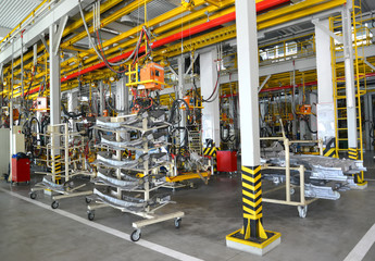 Car body details in welding shop of automobile plant