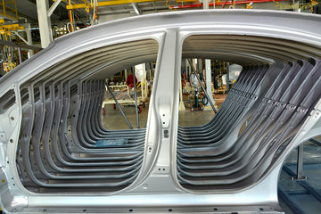 Car body sidewalls in welding shop of the automobile enterprise