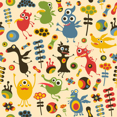 Kleurrijk naadloos patroon met gelukkige monsters en bloemen.