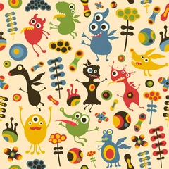 Tapeten Buntes nahtloses Muster mit glücklichen Monstern und Blumen. © Yury Velikanov