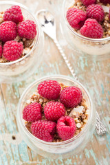 Yogurt with muesli and fresh raspberries