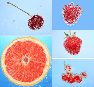 Collage of fruit and berries in water with bubbles