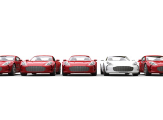 Row of red and white metallic cars on white background