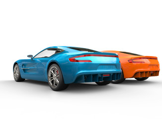 Blue and orange metallic cars