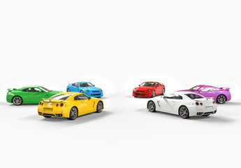 Multicolored cars facing each other in a circle