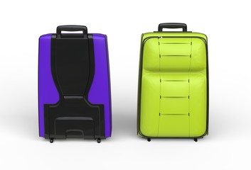 Green and purple travel baggage cases on white background