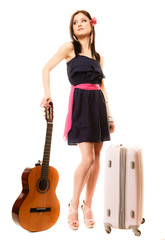 Music lover, summer girl with guitar and suitcase