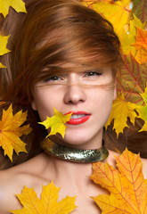 Fashion style woman smiling holding autumn yellow maple leaf in