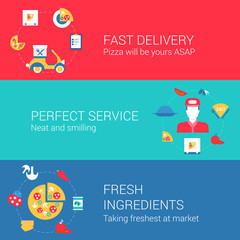Pizza cook and delivery infographics concept flat icons set