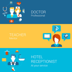 Doctor teacher hotel staff professions concept flat icons set