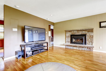 Living room with stone trim fireplace and tv