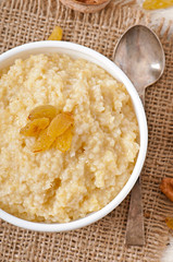 Porridge in a bowl with nuts and raisins