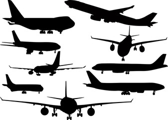 nine black airplanes collection isolated on white