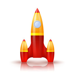 Yellow-red rocket with shadow and reflection. Cartoon. Vector il