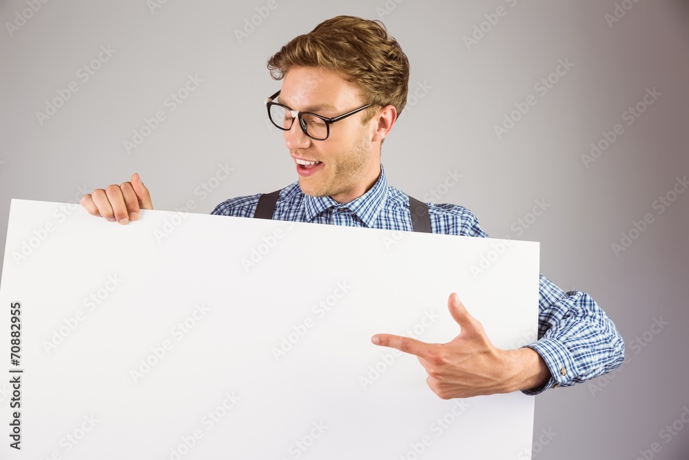 Poster geeky hipster showing a card