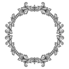 Baroque ornamental antique silver frame on white background.