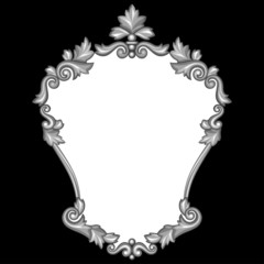 Baroque ornamental antique silver frame on black background.