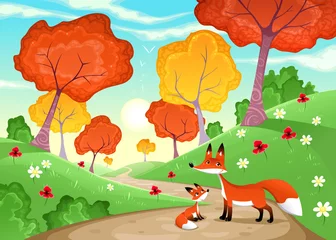 Fotobehang Landscape with family of foxes. © ddraw