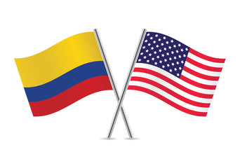 American and Colombian flags. Vector illustration.