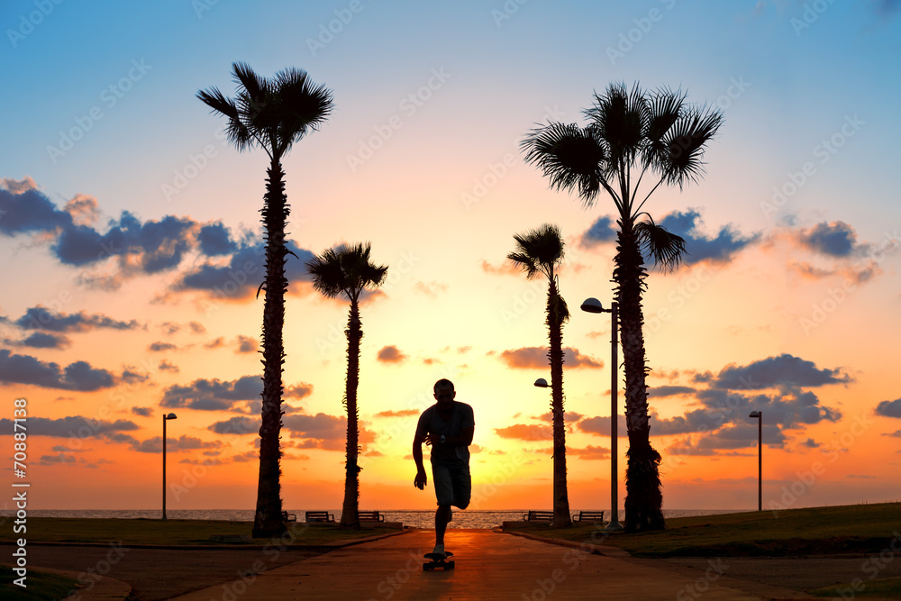 Wall mural man riding on skateboard near the ocean in sunset