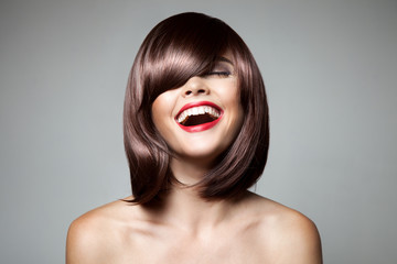 Smiling Beautiful Woman With Brown Short Hair. Haircut. Hairstyl