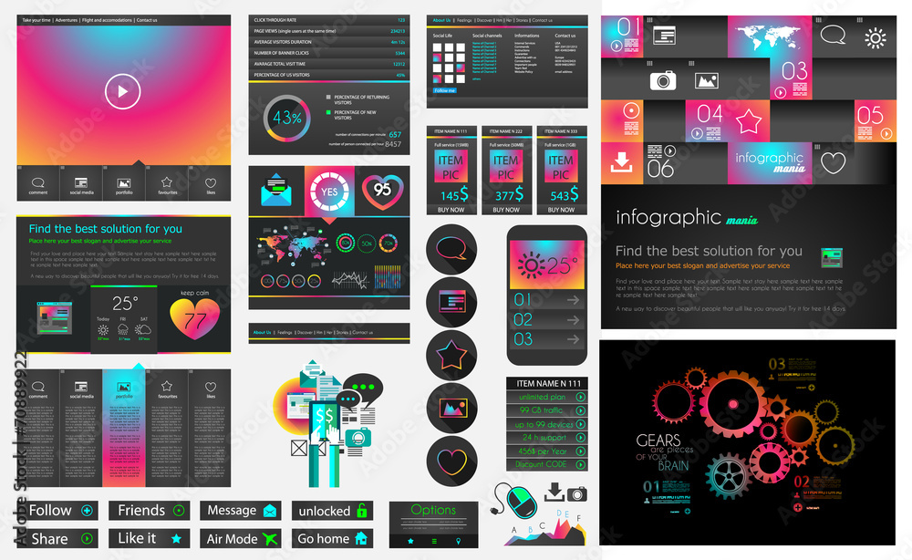 Poster ui flat design web elements and layouts with infographics