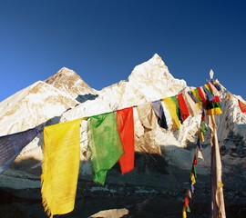 evening view of Everest with buddhist prayer flags