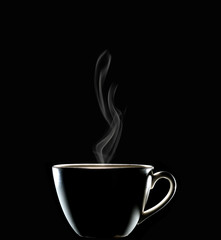 Cup of coffee with smoke isolated on black background