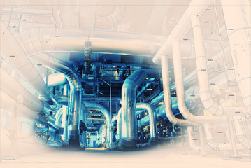 Sketch of piping design mixed with industrial equipment photo