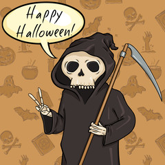 Vector Halloween Postcard. Death with Scythe