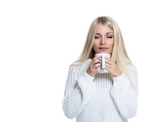 Beautiful woman holding white cup