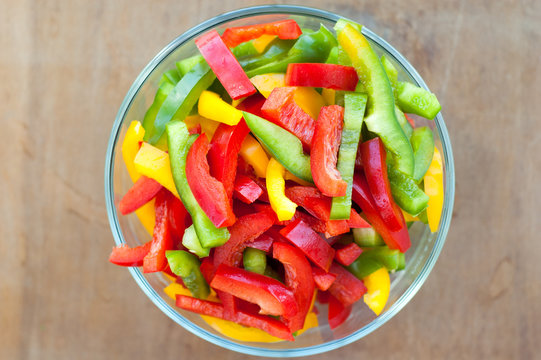 Colored peppers mixed in a bowl