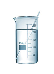 Chemical beaker with a solution and stirring rod on white backgr