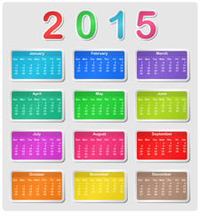 Colorful calendar for 2015 - week starts with sunday