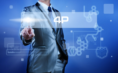 Business man with digital screen press on button 4P for marketin