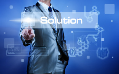 Business man with digital screen press on button solution