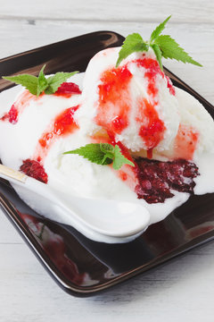 ice cream with strawberry jam