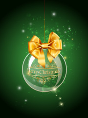 Merry christmas postcard background with ball and gold ribbon