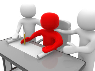 3d people - man and a office with working draft. Teamwork. 3d re